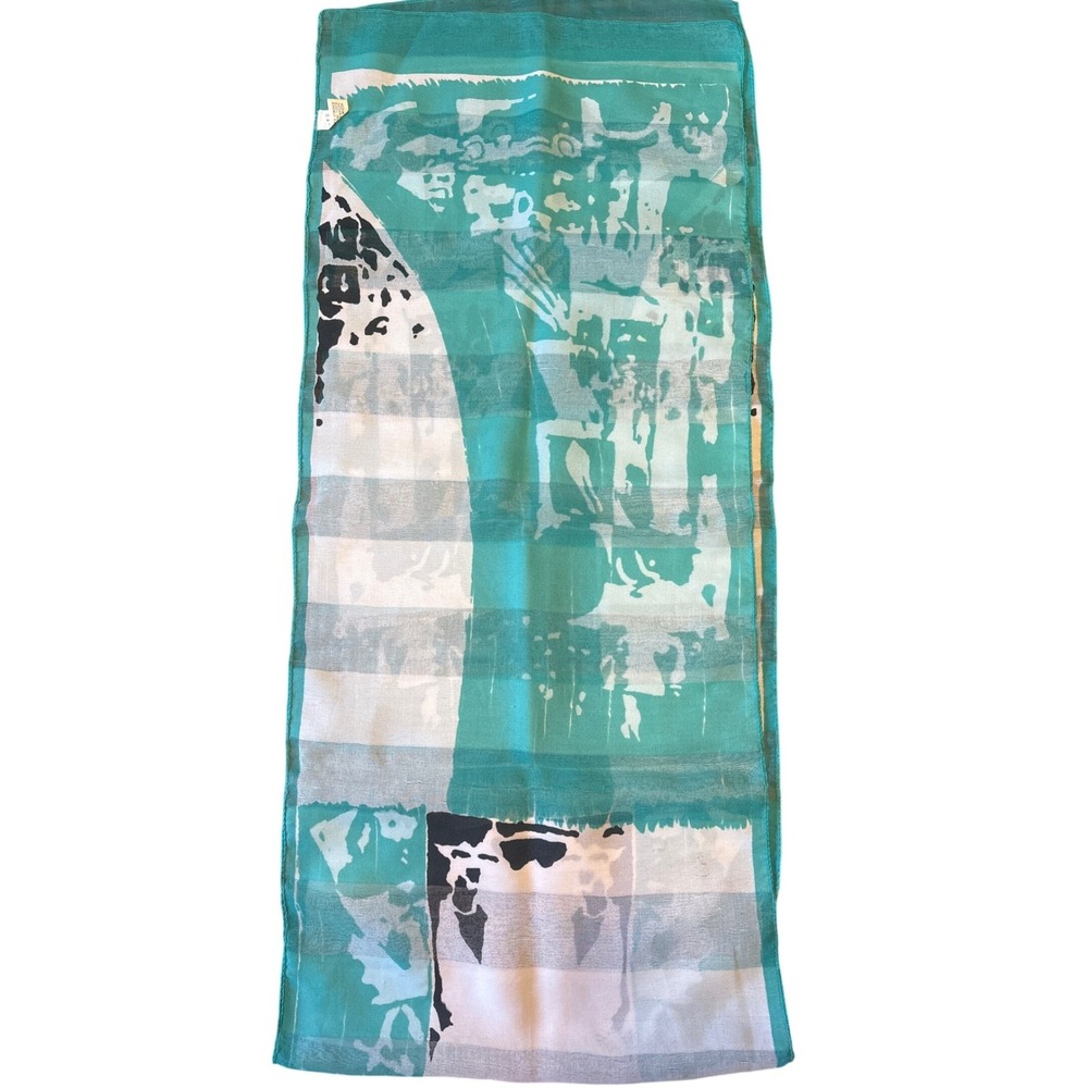 Turquoise White‎ Abstract Print Sheer Scarf Made in Italy Polyester